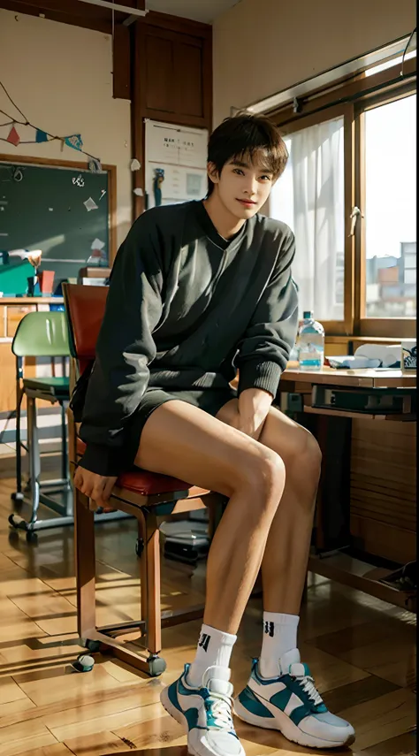 （a 15-year-old junior high school boy sits in a classroom：2），（malefocus），（full bodyesbian）height 200 cm，long, straight legs，tall...