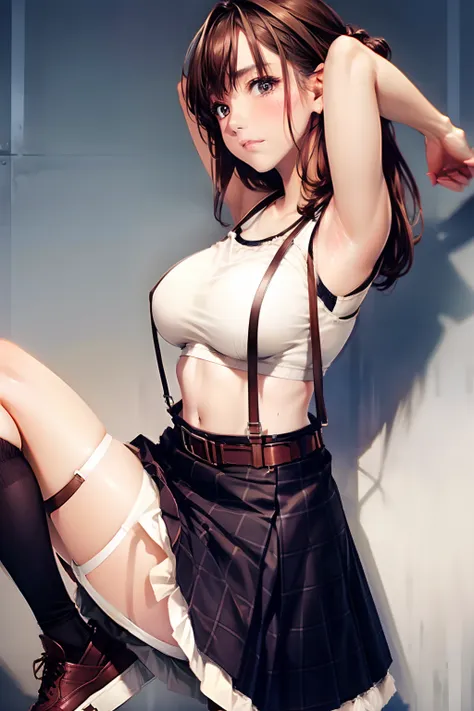 skirt by the, Tank tops　suspenders, Brown hair short, Gray eyes, Garter belt on the legs, Big breasts and tight clothes, 　　 a belt　Armpit sweat　　deadpan