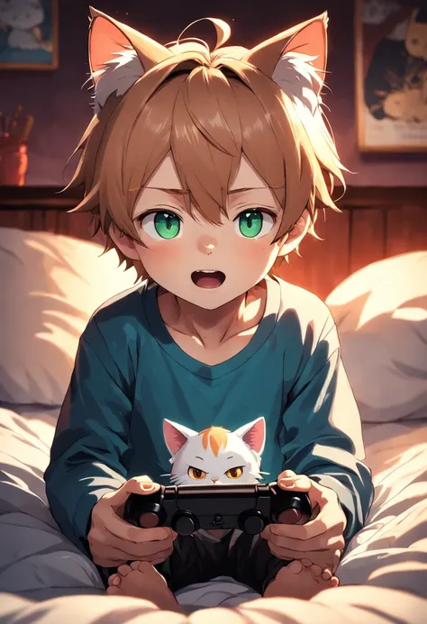 Cute cat eared little boy playing games in bed