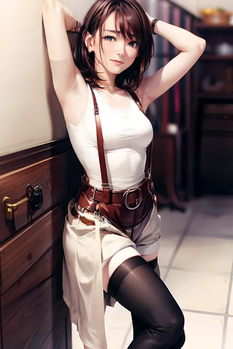 Women with short brown hair wearing tank tops and suspenders and tight clothing，Pair it with gray eyes and leg suspender stockings，There is no expression on the face，With handcuffs，There is also an image of a belt and sweat under the armpits。