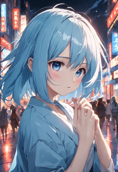 alternate hair length, short hair, long hair, light blue hair, ahoge, bob cut, hime_cut, hair strand, alternate hairstyle,