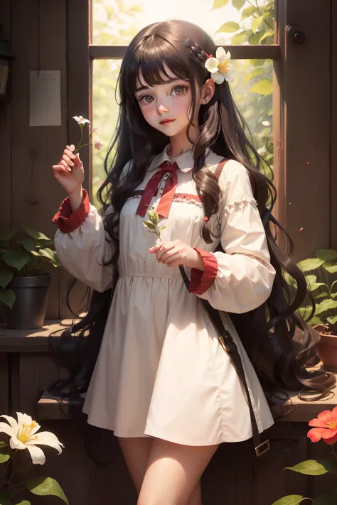 A young girl with long wavy black hair, bright eyes, a tall nose, a cherry-like small mouth, a shallow smile, and a flower in her hand, UHD