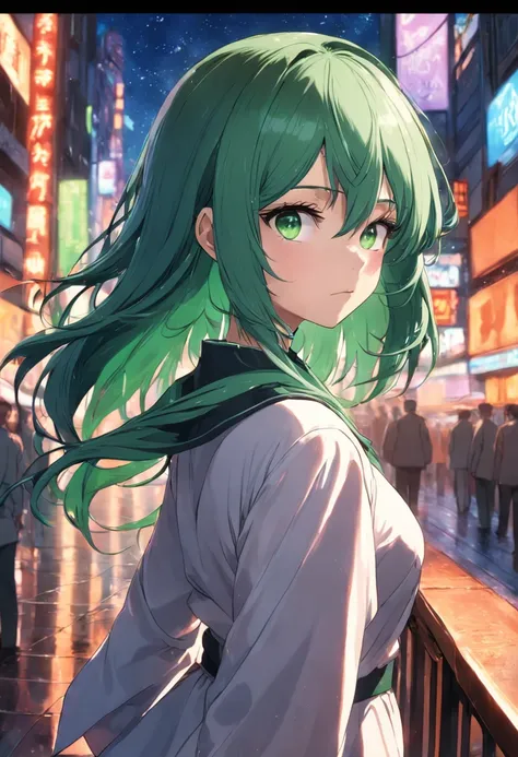 masterpiece, best quality, medium hair, green hair, asymmetrical hair, swept bangs, gradient eyes, green eyes, revealing dress, beret,