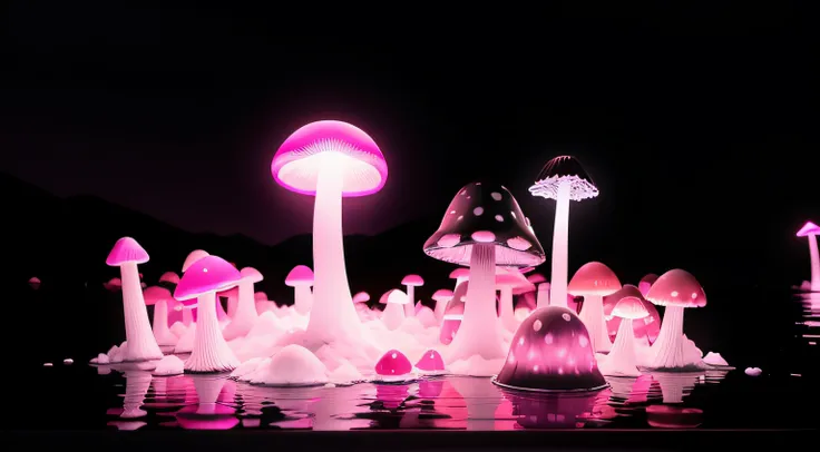 Neon dark pink mushroom. Neon Mushroom. Neve branca. neon light. Iceberg. Gelo. Neve. Ice. Iceberg. Mar negro. Mar. Oceano. Agua. Reflexo na agua.