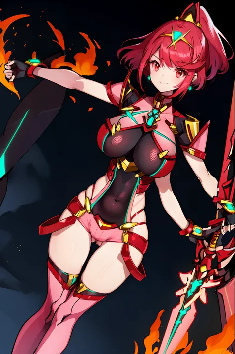 pyra (xenoblade), teen_1girl, loli, armor, bangs, black gloves, breasts, red eyes, light_close_mouth, earrings, eyelashes, fingerless gloves, floating hair, framed breasts, gem, gloves, hair ornament, headpiece, jewelry, big_breasts, leaning back, leotard,...