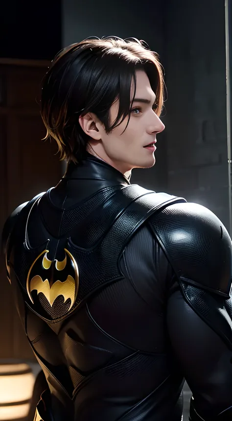 ((Men only)), (back view), (), (), (handsome muscular man in his 20s), (batman), (Batmans appearance is characterized by a cowl, cape, and suit, adorned with a gold distinctive bat emblem, exuding an aura of dark vigilance and mystery), (Johnny Edlind), (M...