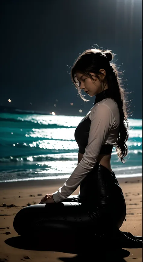 quiet nights，1 girl sitting on the beach，looking out into the ocean in the distance，thoughts abound。the waves gently lapping aga...