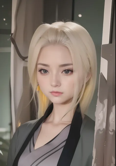 Tsunade senju. A woman was seen standing at the door. He wore a silver thangtop blend with a green robe and a black stripe. She had yellow hair. Her skin was as white as snow. With her rosy cheeks and her tiny red lips. He was looking into the camera. Look...