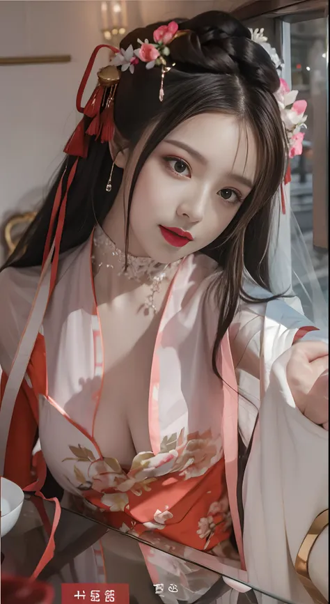 best qualtiy， tmasterpiece， A high resolution， 1girll，Chinese wedding dress，hair adornments，choker necklace，jewely，beauitful face，after sexing_Body，Tyndall effect，realisticlying，Red holiday room edge lighting，twotonelighting，（highdetailskin：1.2），8K high-de...