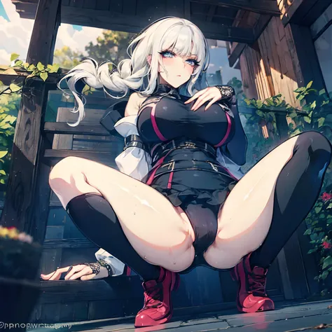 (full body), seductive look, blush, outdoors, looking at viewer, moody lighting, (perfect detail eyes:1.2), mole under eyes glowing eyes, shiny skin, white hair, blue eyes, long hair one braid:1.2), (huge breasts), (Masterpiece, Best Quality, High Quality:...