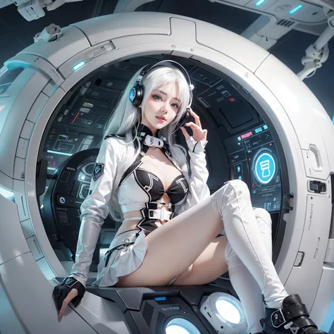 The enchanting woman raised her hand happily　Perfect beauty　Beautiful white skin　Beautiful eyes　glossy lips　Lovely smile　White hair　Sit on the　Bikini futuristic Lolita costume in white and black design　Functional　Earphone　Inside the spacecraft