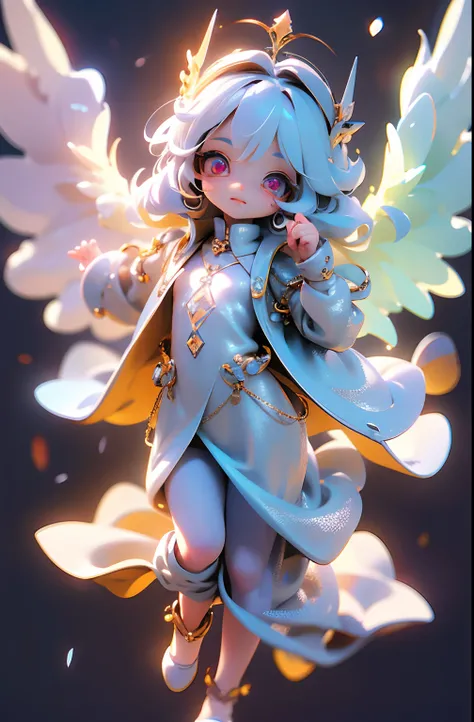 (Masterpiece: 1.4), (Best Quality: 1.4), (Chibi: 1.3), (Very Cute Angel Girl, Super Detailed Face, Jewel-like Eyes, White Very Long Hair, Colorful Gradient Hair: 1.4), (Angel Ring:
1.4), (Angel Wings: 1.4), (Full body, perfect 2 arms, perfect 2 legs: 1.4),...