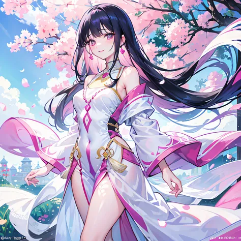 Asian woman, pearly white JK uniform, long hair shawl, thin lips smile, pink bangs, wearing jewelry, beautiful girl in the garden, slender figure and graceful long neck, exposed collarbone and shoulders, looking straight at the viewer, fresh flowers and sk...