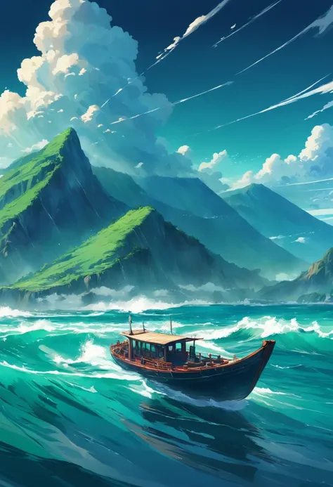 vast expanse of emerald green mountains and a deep blue ocean. with a drifting boat