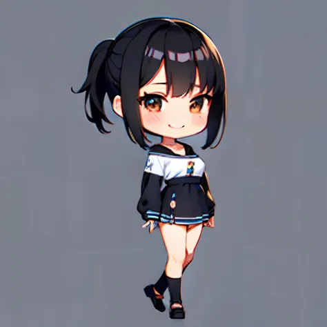 超A high resolution, nffsw, the highest quality depiction, Black hair, Short ponytail, Short hair, Flat Avatar,  Anime visuals of cute girls, Cute art style, Chibi, anime stylized, Shorthair,full of shyness, A smile, simple background, side locks, large ova...