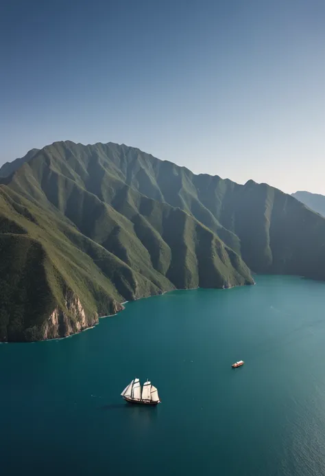 vast expanse of emerald green mountains and a deep blue ocean. with a drifting boat