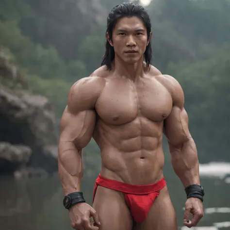 super muscular cute asian men wearing red thong in midle of lake (professional 3d render:1.3) af (Realistic:1.3) most beautiful artwork photo in the world，Features soft and shiny male heroes, ((Epic hero fantasy muscle man rough wet hero angry look long ha...