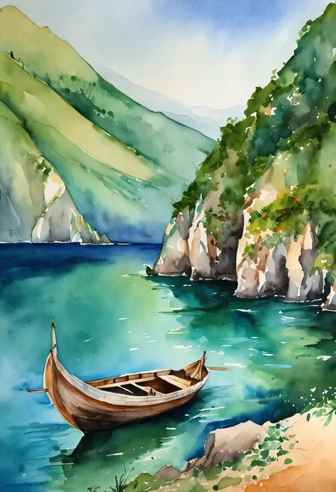 vast expanse of emerald green mountains and a deep blue ocean. with a drifting boat