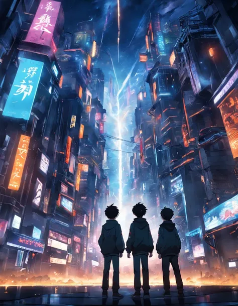 tmasterpiece，best qualtiy，cinematic Film still from,3boysl，High-tech learning city technology looks up landscape, Three boys back, Perspective, deep in the night, the night, Best quality dark background，（spark of light：0.7）