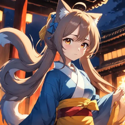 ​masterpiece、top-quality、Movie stills、a closeup、发光、happiness、Warm soft lighting、the setting sun、(Spark:0.7)Anime girl in blue hakama and yellow apron,Big Shiba Inu tail on the tail,yellow fox ears,Very long dark brown ponytail,( Thin red ribbon in hair)、