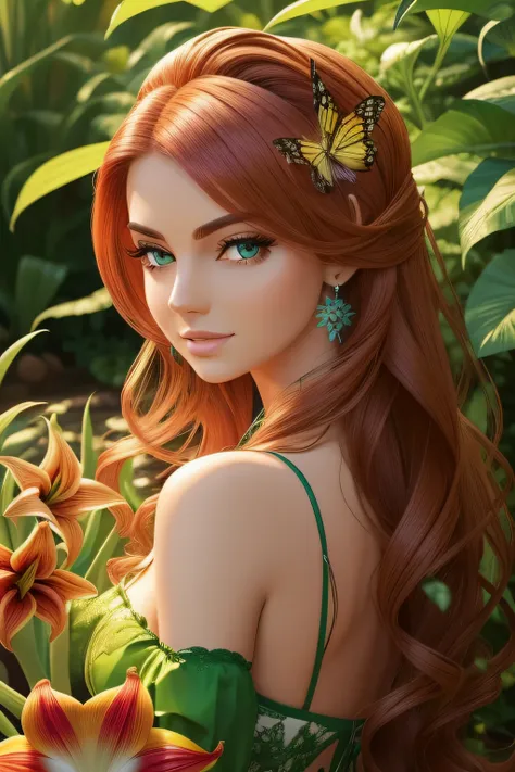 a feerical woman, fada, plantas, flores, verde, alta qualidade, cabelos castanhos, pelo castanho, paleta de cores quentes, fada, Deve fadas, winx, flora, flora winx, pelo castanho, verde, green, bondade, alegria, rosas, amaryllis, girassola, asas de fada, ...