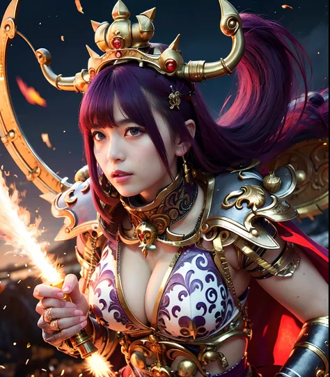 (masutepiece), Professional , ​masterpiece、top-quality、photos realistic , depth of fields （Dragon White Metal Body:1.９),(Matte purple、（cleavage of the breast）、Dragon Gold Weapon、（White bikini armor),Gorgeous gold weapons ,（（ Dragons dense and gorgeous swor...