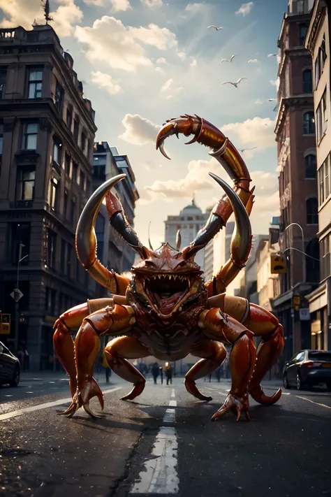 Best quality, Masterpiece, Ultra High Resolution, Ferocious(Anthropomorphic crab ) a person,stood in the Street, 8K, Natural light,Ray traching