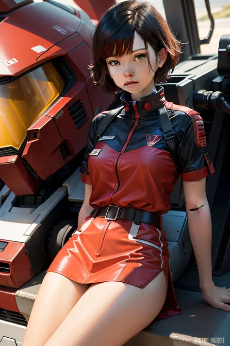 Short-haired girl wears a red Gundam mech