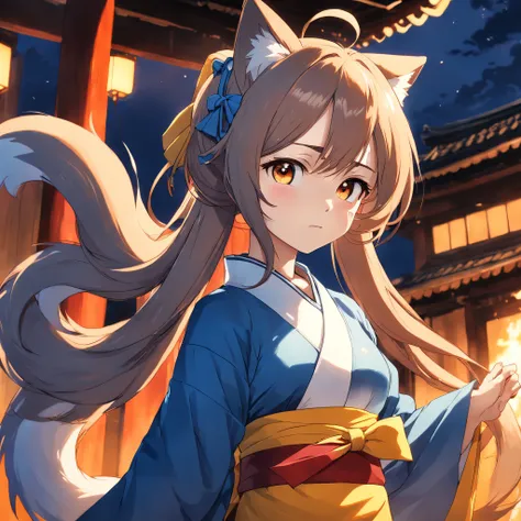 ​masterpiece、top-quality、Movie stills、a closeup、with light glowing、happiness、Warm soft lighting、the setting sun、(Spark:0.7)Anime girl in blue hakama and yellow apron,Big Shiba Inu tail on the tail,yellow fox ears,Very long dark brown ponytail,( Thin red ri...