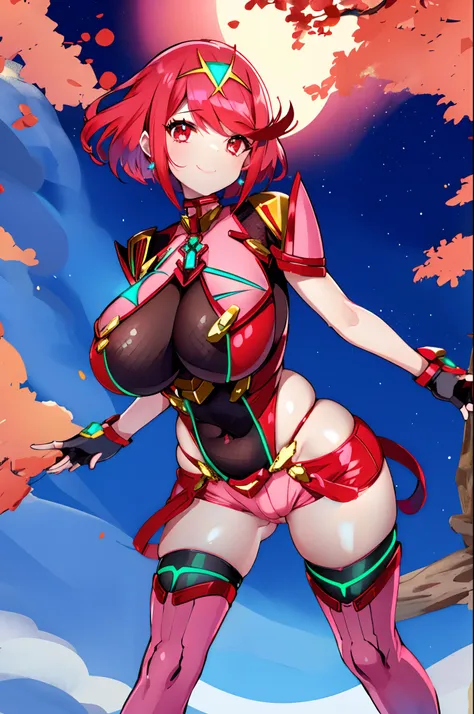 pyra (xenoblade), teen_1girl, loli, armor, bangs, black gloves, breasts, red eyes, light_close_mouth, earrings, eyelashes, fingerless gloves, floating hair, framed breasts, gem, gloves, hair ornament, headpiece, jewelry, big_breasts, leaning back, leotard,...