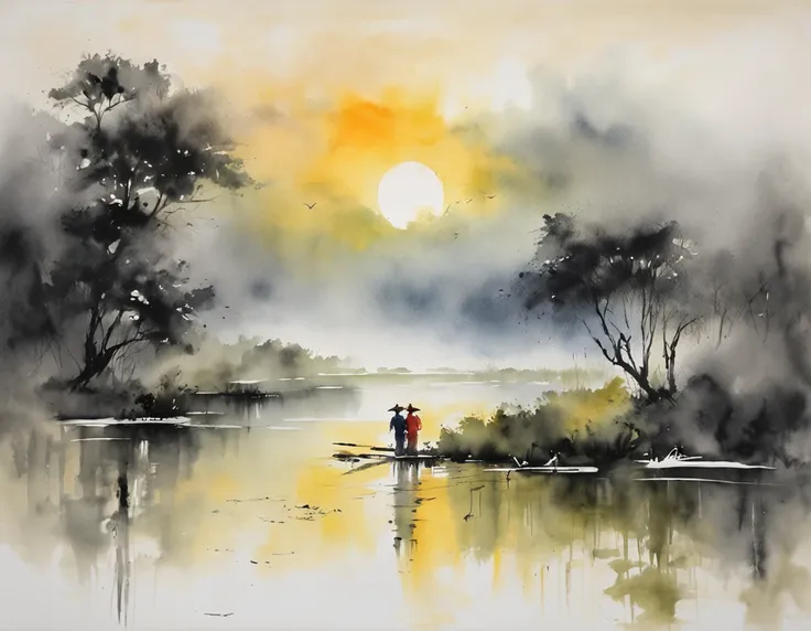 masterpiece, large lake landscape, best quality, watercolor arts style, Asian night scene, large lake between meadows, night scene with light reflections, lake surface, beautiful night scene, ((((Chinese martial arts style)))), with a vast sky, meadows sur...