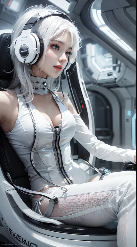 The enchanting woman raised her hand happily，Beautiful Women with Perfect Figure，Beautiful white skin，Beautiful eyes，Glossy lips，Lovely smile，White hair，Wear a bikini futuristic Lolita costume in white and black design，Headphones with functionality，Sitting...