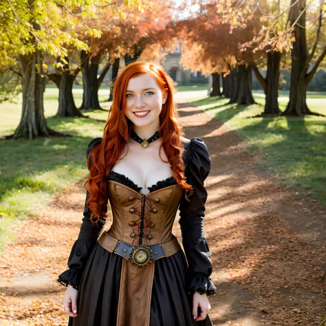 (one-1-person:1.2), a fullbody shot of a beautiful lady,steampunk dress , freckles, (red hair), smiling,  dark makeup, hyperdetailed photography, natural light, cover