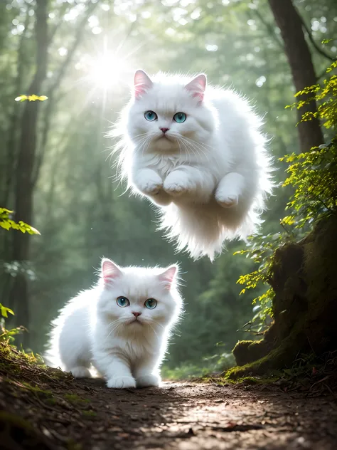 close up photo of a single very cute jumping white Persian cat with blue eyes in the forest, soft volumetric lights, (backlit:1.3), (cinematic:1.2), intricate details, (ArtStation:1.3), Rutkowski