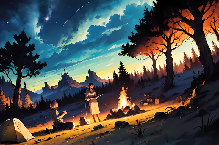 (((A mesmerizing portrayal of a European lady))) ((in a captivating scene by a campfire in a mountain campsite under a starlit sky, Mixed Media Art, Warm and Cozy Colors, Long Shot, Detailed Illustration)), ((nsfw:1)),(((outdoor))), (((charming))), (((magi...