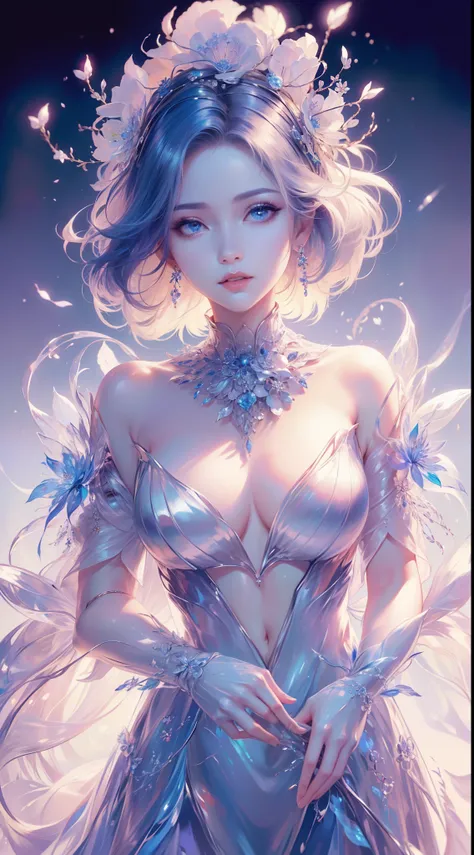 tmasterpiece，Highest high resolution，((ruit))，Dynamic bust of beautiful aristocratic maiden，Blue hair is elegantly coiled，（(Wearing a huge flower crown、jewelery，adiamondnecklace))，Purple clear eyes，(((The hair is covered with beautiful and delicate floral ...