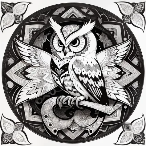 zentangle, fine line art, fine line drawing, coloring book illustratio style, vector art, white and black  graffiti illustration,owl, in the center, white and black colors, paint splashes and blots, Adobe Illustrator, high detail, whitebackground