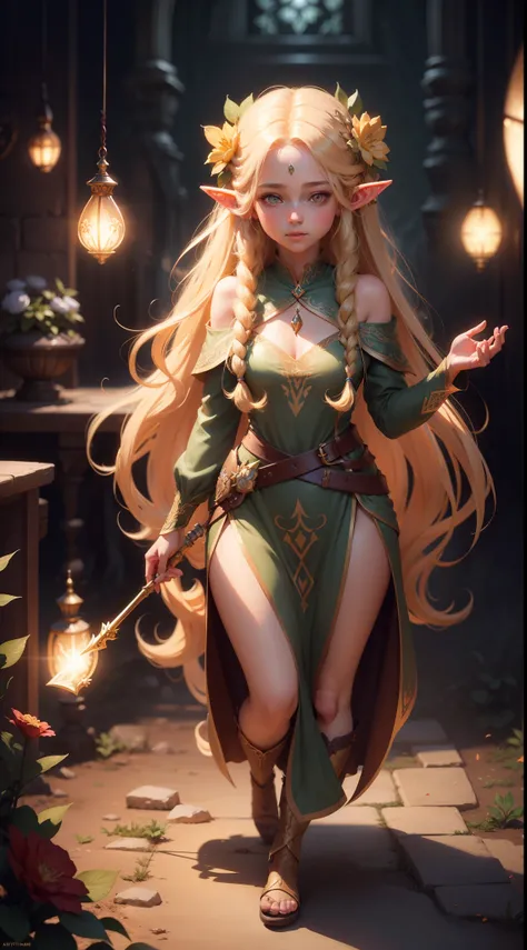 cute elf, long golden hair, flowers in hair, golden eyes, cute dress, full body, artstation, illustration, dynamic soft lighting, fantasy framing, high resolution 4k, hdr, stylistic,