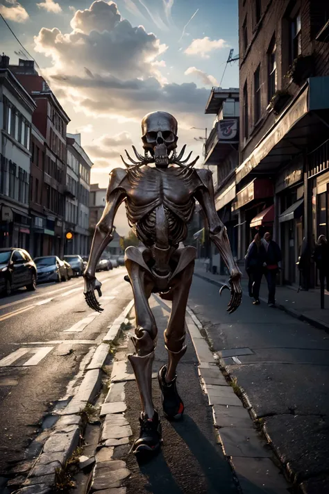 Best quality, Masterpiece, Ultra High Resolution, Ferocious(Anthropomorphic head skeleton) a person,stood in the Street, 8K, Natural light,Ray traching