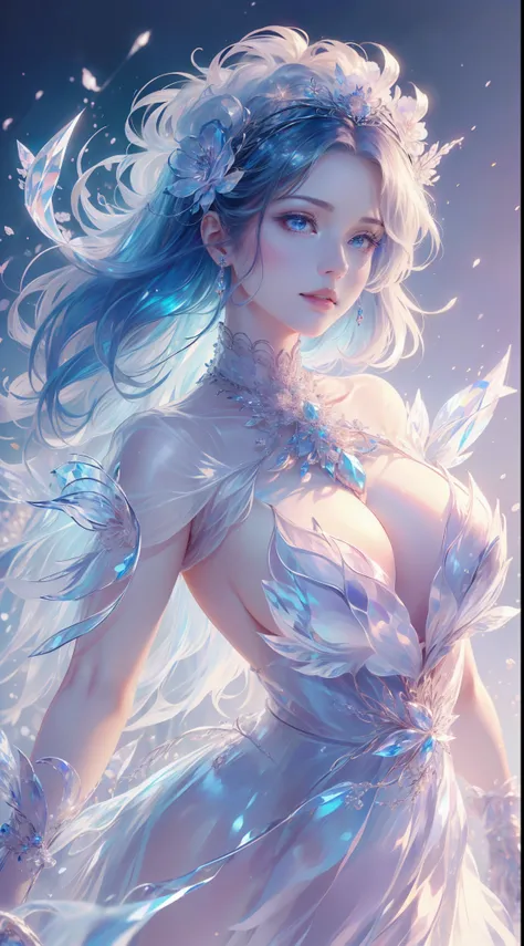 tmasterpiece，Highest high resolution，((ruit))，Dynamic bust of beautiful aristocratic maiden，Blue hair is elegantly coiled，（(Wearing a huge flower crown、jewelery，adiamondnecklace))，Purple clear eyes，(((The hair is covered with beautiful and delicate floral ...