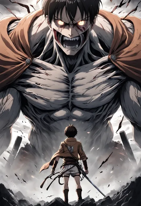 Generate a moody and emotionally black and white movie poster in the style of Hajime Isayamas Attack on Titan. The poster should prominently feature Eren Jaeger, wearing a Paradis Island uniform and ODM gear, looking up in fear at a colossal titan.