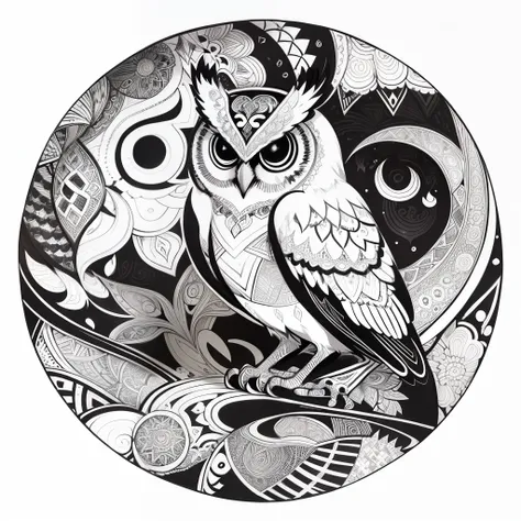 zentangle, fine line art, fine line drawing, coloring book illustratio style, vector art, white and black  graffiti illustration,owl, in the center, white and black colors, paint splashes and blots, Adobe Illustrator, high detail, whitebackground