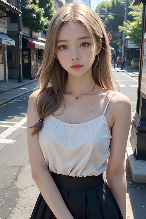 tmasterpiece， best qualityer， 1girl， Water-colored eyes，blond hairbl， Keep ones mouth shut， Street background， looking at viewert， exteriors， 独奏， The upper part of the body， big breasts enchanting， ren， beauitful face， Pure face， paleskin， Gentle posture， ...