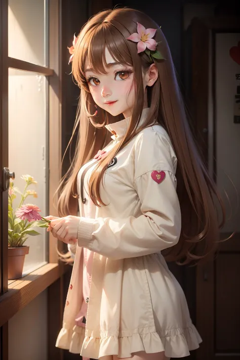 Anime Teen Girls Korean Girl Brunet, light brown hair, hair flower, heart-shaped pupils, light smile, drop shadow