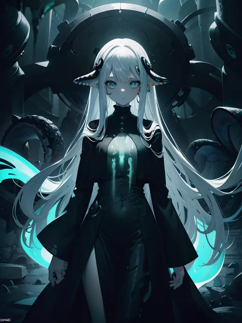 (Masterpiece, Best quality, ultra-high resolution), 1 girl, black clothes, amber eyes, eyelets, Surrounded by tentacles, (Squid Girl), Beautiful and detailed face, detailed eyes, standing in front of a giant stone gate in the middle of a dark, foggy cave, ...