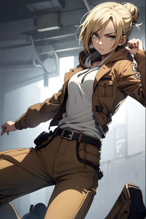 annie leonhardt, anime style beautiful woman, 1girl, solo, long sleeves, closed mouth, jacket, open clothes, belt, pants, hood, ...