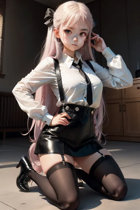 The camera is on the ground，Sixteen-year-old anime style girl，mature，Wearing black stockings，The white shirt is slightly damaged，Black leather skirt，Black suspenders，Black high-heeled leather boots，White hairpin，In a room with lights on，kneels on the groun...