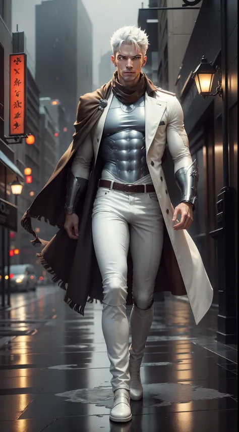 masterpiece, high resolution, extremely detailed, best quality, real light and shadow, solo, full body, Garou with white hair, cool cowhide fashion outfit, blue, handsome, pants full, detailed face, detailed eyes, scarf, jacket, arm brace, technology, rain...