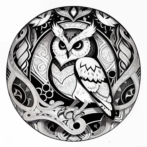 zentangle, fine line art, fine line drawing, coloring book illustratio style, vector art, white and black  graffiti illustration,owl, in the center, white and black colors, paint splashes and blots, Adobe Illustrator, high detail, whitebackground