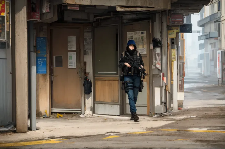 Masterpiece，Armageddon，the street，desolated，Woman in tactical gear carrying dirty backpack，Gun in hand，Side to the camera，Weathered clothing，Two-dimensional style，Size 180*240